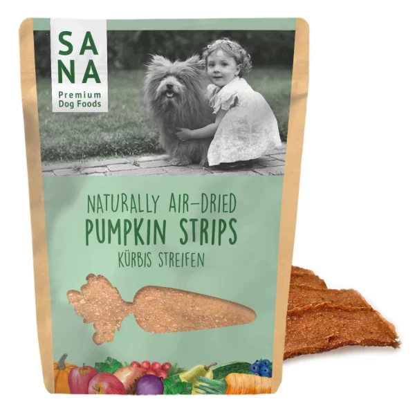 Ambalaža veganskih poslastica za pse od bundeve - SANADOG Veggie Pumpkin Chew Strips