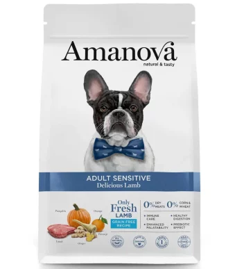 Amanova hrana za osjetljive pse s okusom svježe janjetine, hipoalergena i bez žitarica.