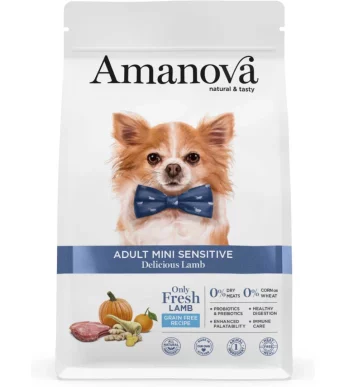 Amanova Adult Mini Sensitive hrana za pse malih pasmina s okusom svježe janjetine, bez žitarica i hipoalergena.